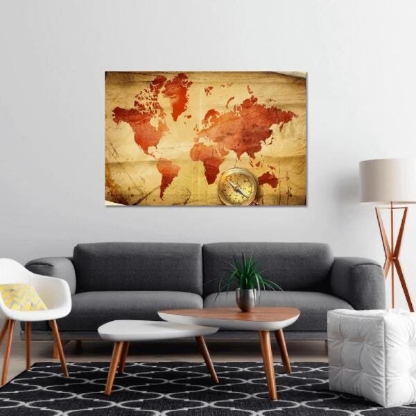 Quadro Vintage Mapa Mundi Decoração Interiores Em Tecido - 3