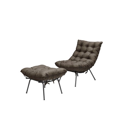 Poltrona Costela com Puff Adão Base Metal Preto - Linho Marrom