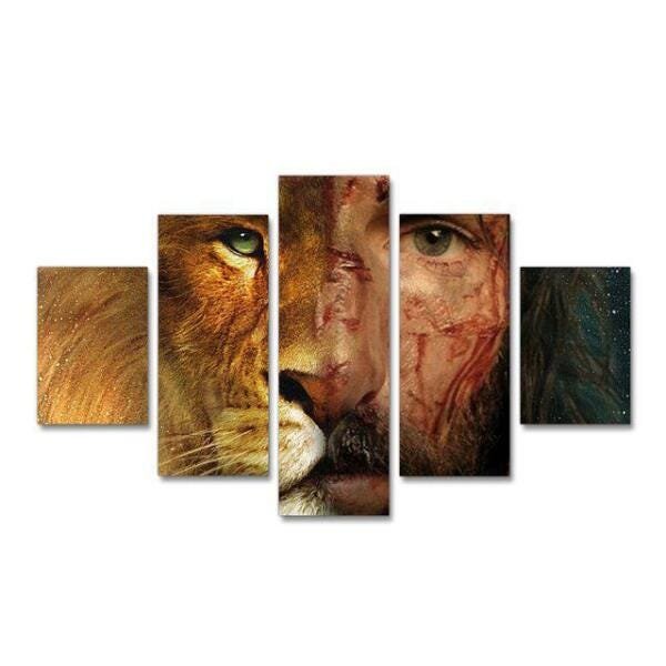 Quadro Leao E Jesus Cristo Rosto Meio A Meio Moderno 5 Peças 160X80 - 1