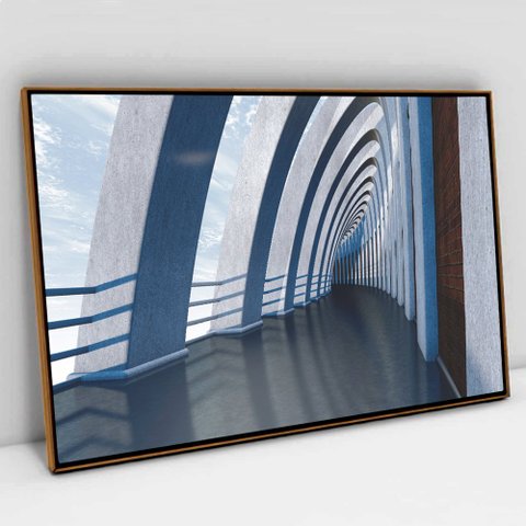 Quadro Decorativo em Canvas Arquitetura Corredor Minimalista TaColado Moldura Flutuante 4,5cm Freijó