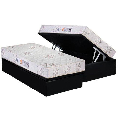 Cama Box Baú Solteiro: Colchão Espuma D33 Luckspuma Supreme Floral + Base CRC Suede Black(88x188)