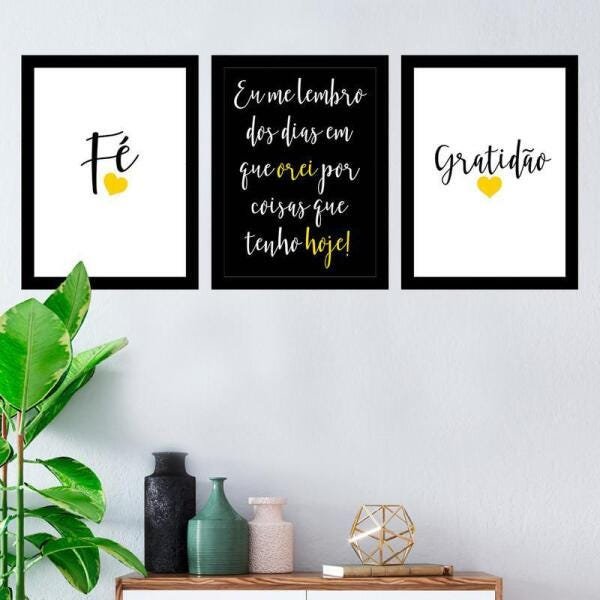 Kit 3 Quadros Decorativos 27X36 Fé Oração Gratidão Amarelo - 1