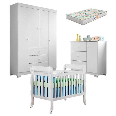 Quarto de Bebê Duda 4 Portas e Berço Americano Lila Branco Brilho com Colchão Gazin - Phoenix
