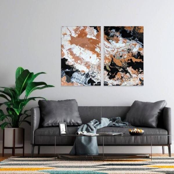 Quadro Duo Abstrat Moderno Branco Marrom Preto Canvas - 2