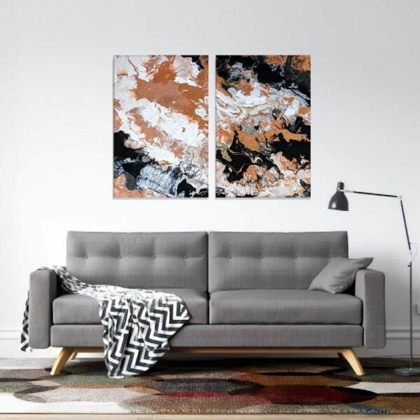 Quadro Duo Abstrat Moderno Branco Marrom Preto Canvas - 3