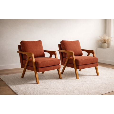 Kit 2 Poltronas Mona Luxo Madeira Maciça Linho Terracota para Sala de Estar Decorativa Moderna