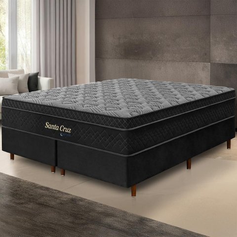 Cama Box + Colchão King Size Santa Cruz Preto Molas Ensacadas Euro Pillow 193x203x72cm