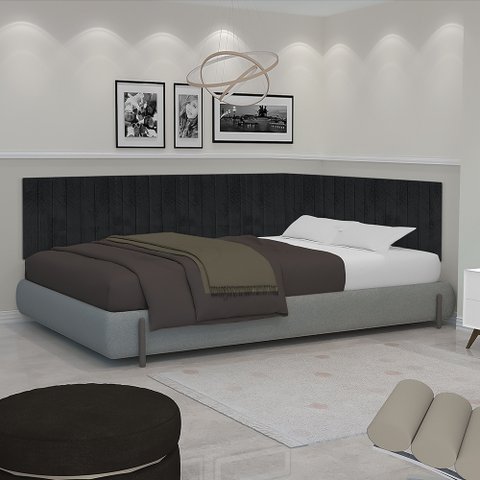 Conjunto de Cabeceira Viuva Solteirão Palito Estofado Suspensa com Proteção Lateral - 128 Cm - Preto