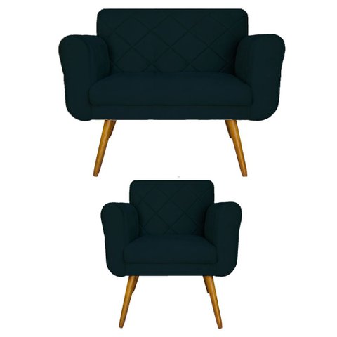 Kit Namoradeira e 1 Poltrona Estofada Para Sala de Tv Isabella Suede Azul Marinho - LM DECOR
