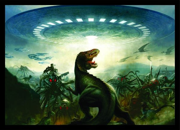 Quadro Decorativo Dinossauro Disco Voador Com Moldura G02 - 1