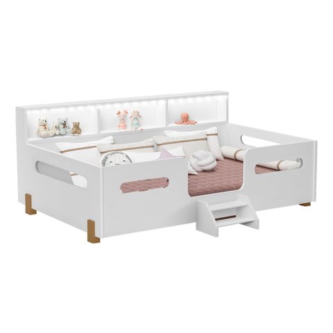 Cama Infantil Montessoriana Mary com Escada Led e Nicho Branco/mel + Acompanha Luminária Nuvem