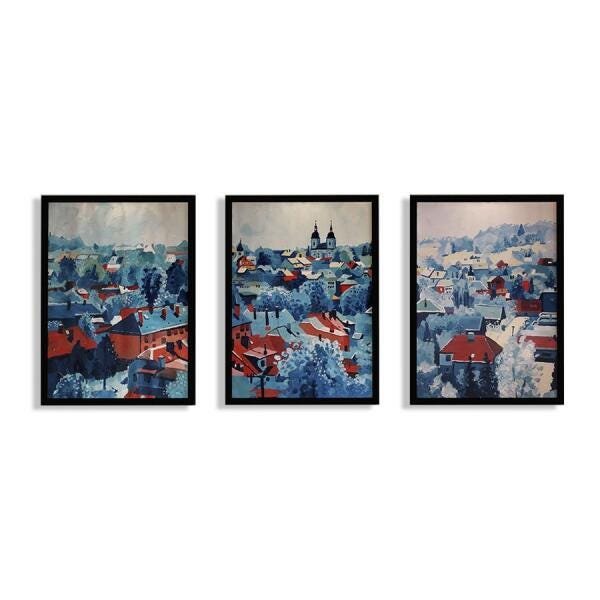 Trio Quadros Decorativos Vilarejo Casas Aquarela - 2