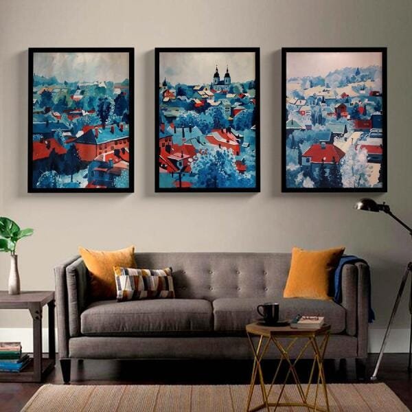 Trio Quadros Decorativos Vilarejo Casas Aquarela - 1
