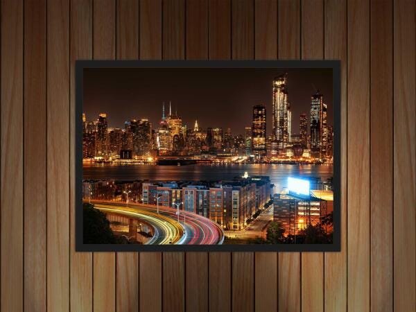 Quadro Decorativo Cidade New York Com Moldura Prédios Noite - 2