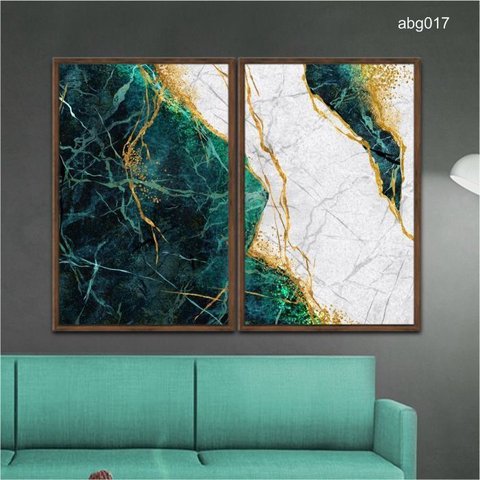 Kit 02 Quadros Decorativos Abstrato Moderno Turquesa Ouro Abg017 Vidro Impresso 60x80cm Cada