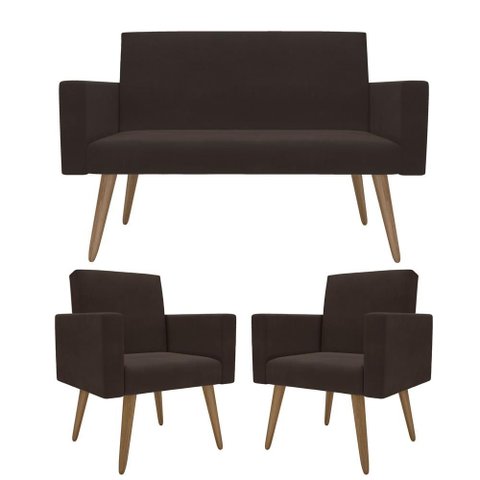 Kit Sófa 2 Lugares e 2 Poltronas para Sala de Estar Recepção Marrom