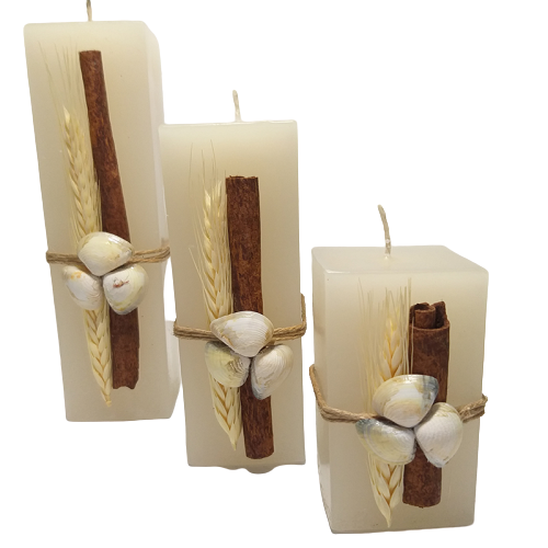 Conjunto com 3 velas quadradas decorada conchas - 1