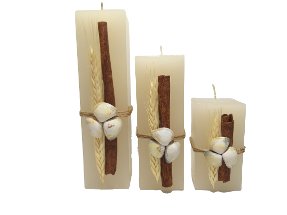 Conjunto com 3 velas quadradas decorada conchas - 2