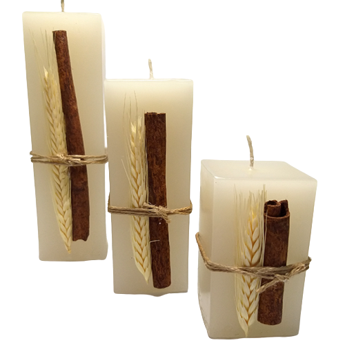 Conjunto com 3 Velas Quadradas Decorada Canela e Trigo - 1