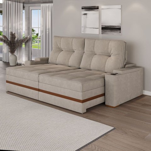 Sofá Retrátil Reclinável Lunza D28 Detalhe em Madeira:Suede Capuccino/276cm