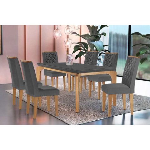 Conjunto: Mesa Sala Jantar Londrina C/ Tampo Madeirado Vidro Canto Curvo 180x90cm e 6 Cadeiras Jade