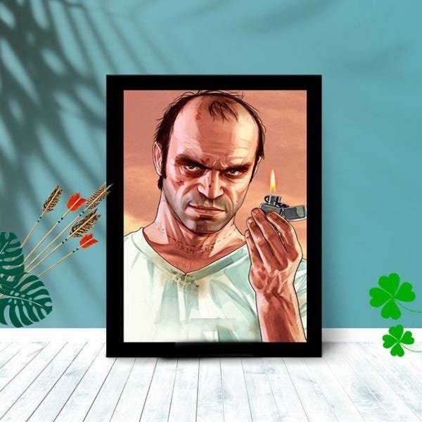 Quadro Decorativo Gta Trevor Philips com Moldura e Vidro Sala:Preto - 1