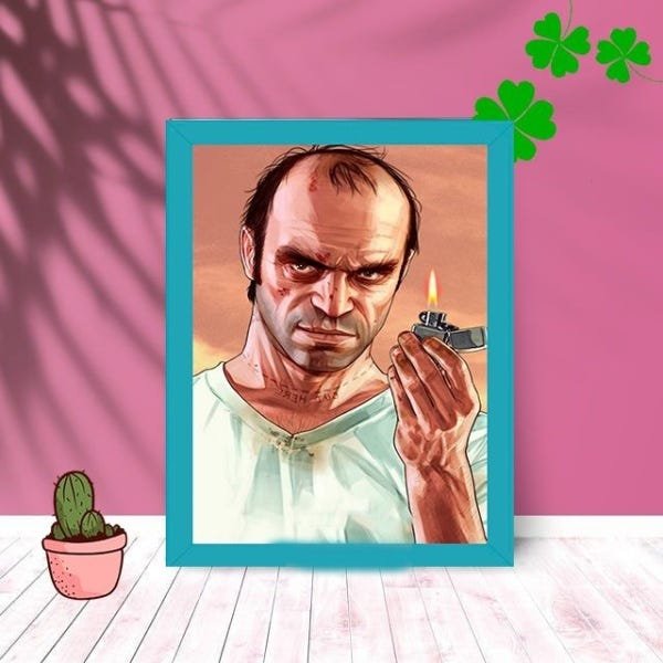 Quadro Decorativo Gta Trevor Philips com Moldura e Vidro Sala:Azul - 1