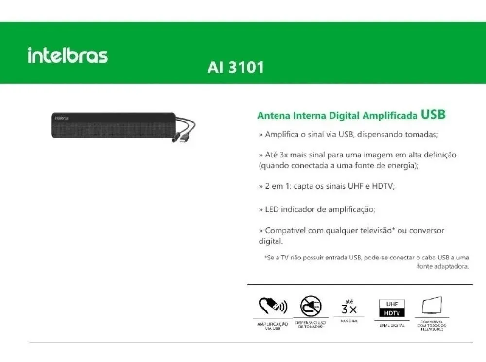 Antena Tv Digital Interna Amplificada Hdtv Intelbras Ai 3101 - 6