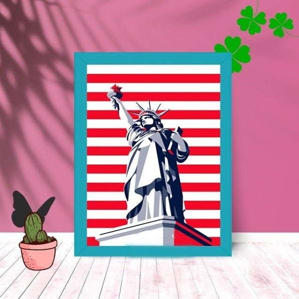 Quadro Decorativo Estátua Da Liberdade com Moldura e Vidro:Azul - 1