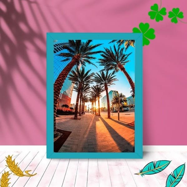 Quadro Decorativo Palmeira Tropical com Moldura e Vidro Sala:Azul - 1