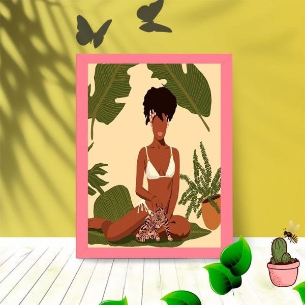 Quadro Decorativo Afro Tigre com Moldura e Vidro 25X33 Sala:Rosa - 1
