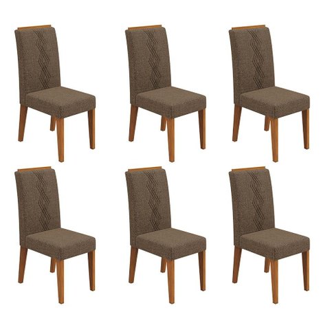 Conjunto Kit com 6 Cadeiras Estofadas para Sala de Jantar Yasmin MDF Freijó Linho Canela DJ Móveis