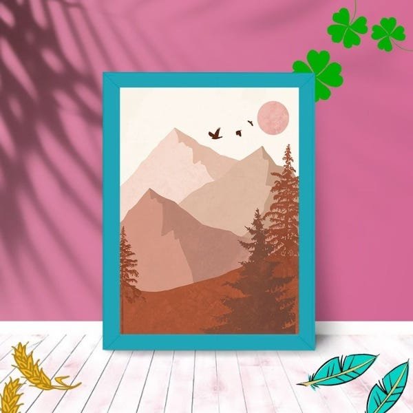 Quadro Decorativo Montanhas com Moldura e Vidro 25X33 Sala:Azul - 1