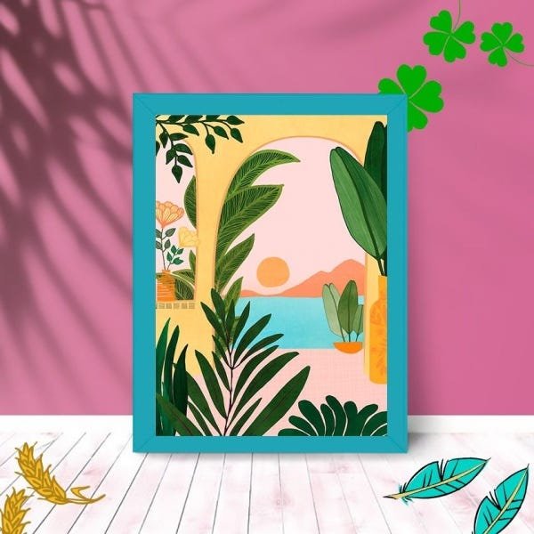 Quadro Decorativo Paisagem Abstrato com Moldura e Vidro 25X33:Azul - 1