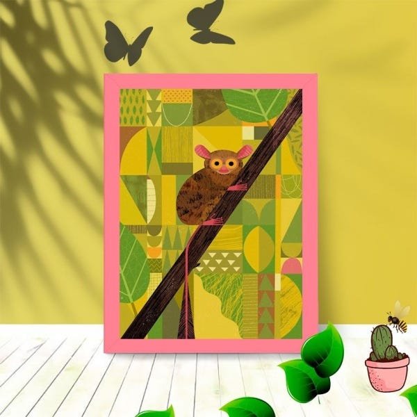 Quadro Decorativo Sagui Abstrato com Moldura e Vidro 25X33:Rosa - 1