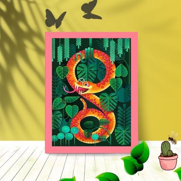 Quadro Decorativo Cobra Abstrato com Moldura e Vidro 25X33:Rosa - 1