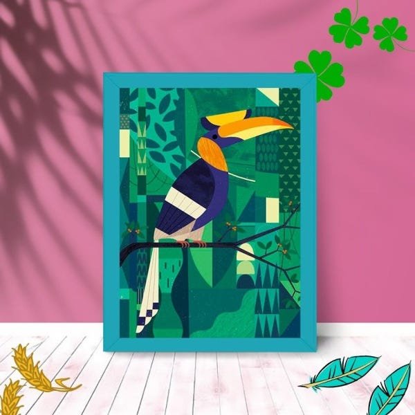 Quadro Decorativo Tucano Abstrato com Moldura e Vidro 25X33:Azul - 1