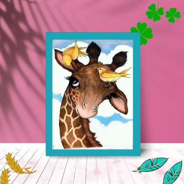 Quadro Decorativo Girafa Art Paisagem Sala Quarto Moldura:Azul - 1