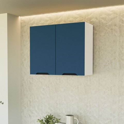 Armário Aéreo 80 Cm 2 Portas Meena Branco Azul Politorno Móveis