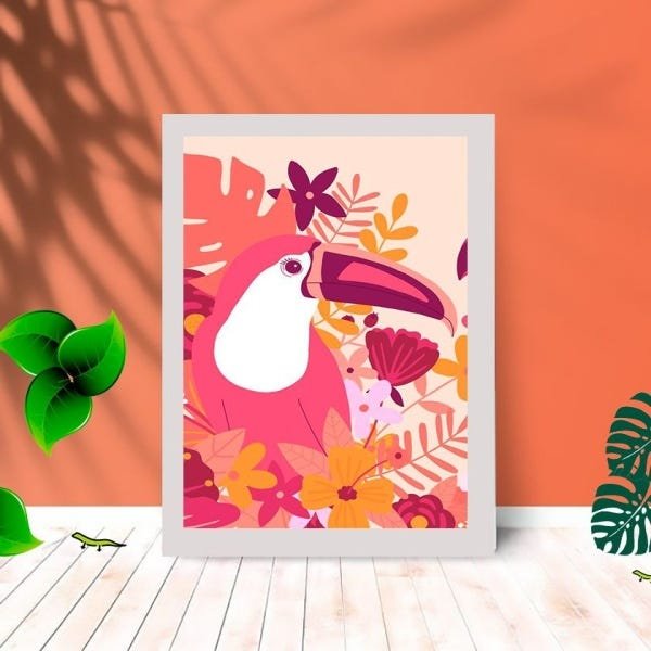 Quadro Decorativo Tucano Flores Art Tropical Sala Quarto:Branco - 1