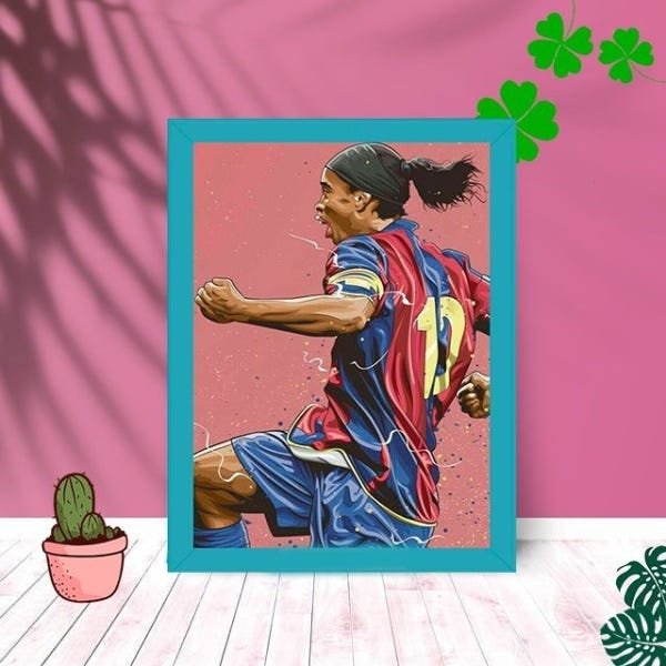 Quadro Caricatura Ronaldinho Gaucho com Moldura e Vidro 25X33:Azul - 1