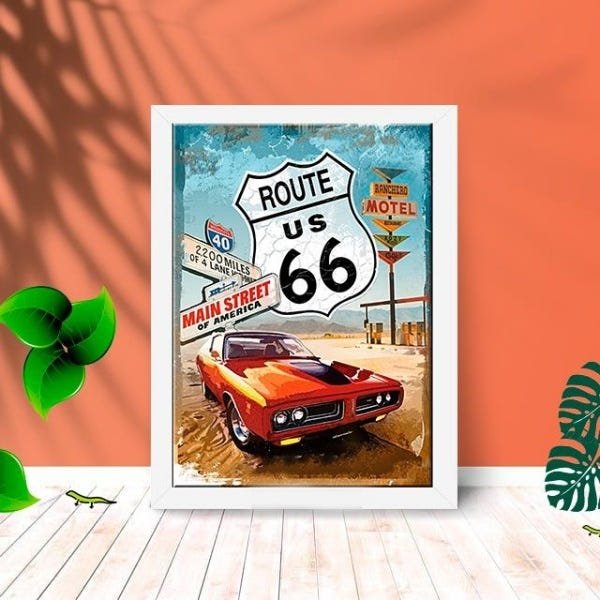 Quadro Decorativo Route 66 Car com Moldura e Vidro 25X33 Sala:Branco - 1