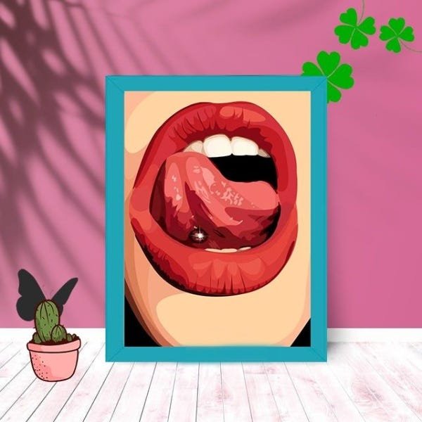 Quadro Decorativo Boca Piercing com Moldura e Vidro 25X33:Azul - 1
