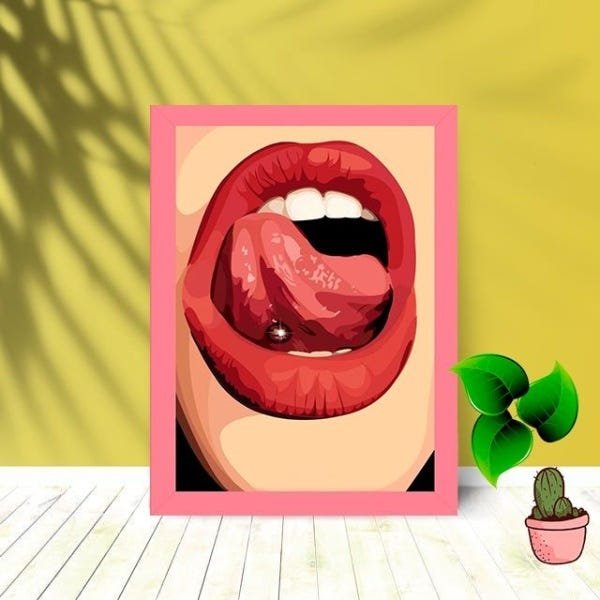 Quadro Decorativo Boca Piercing com Moldura e Vidro 25X33:Rosa - 1