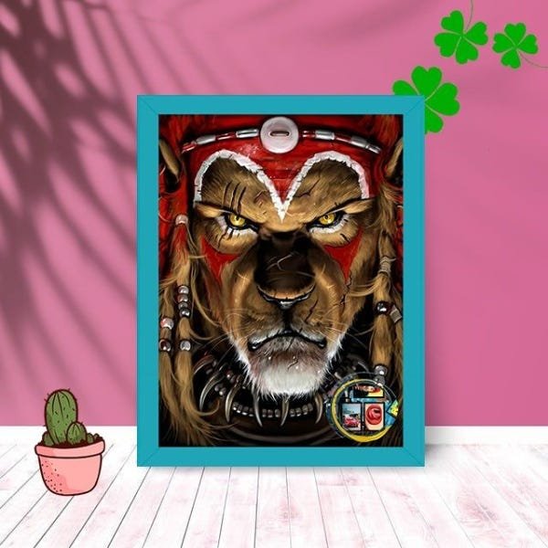 Quadro Decorativo Leão Tribe com Moldura e Vidro 25X33:Azul - 1