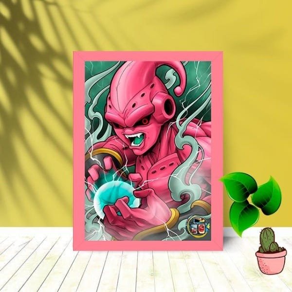 Quadro Decorativo Majin Boo Kid com Moldura e Vidro 25X33:Rosa - 1