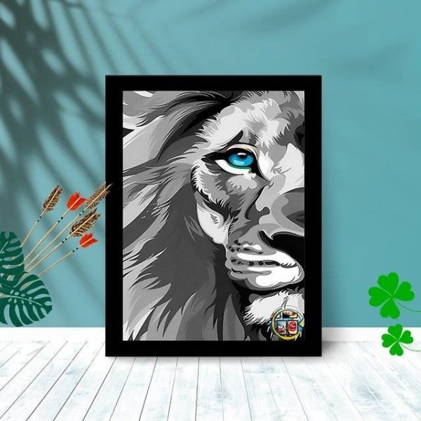 Quadro Decorativo Leão Grey com Moldura e Vidro Sala Quarto:Preto - 1