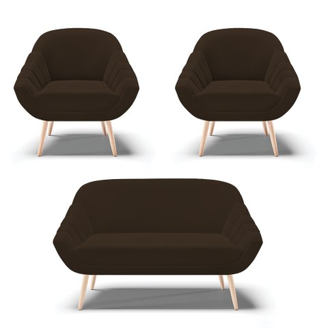 Kit 01 Namoradeira 02 Lugares e 02 Poltronas Giovana Suede Pés Palito Natural - D’Rossi - Marrom