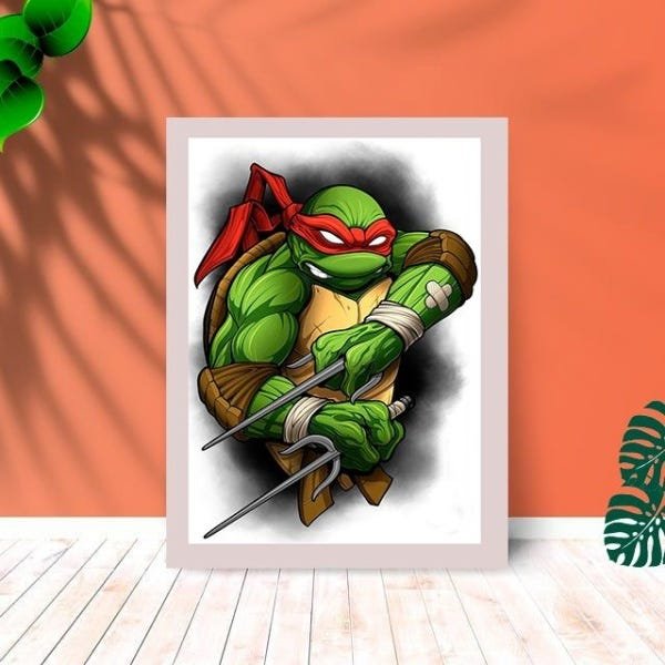 Quadro Decorativo Raphael Tartaruga Ninja com Moldura e Vidro 25X33:Branco - 1