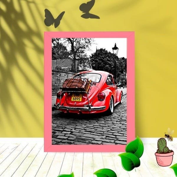 Quadro Decorativo Fusca Bagagem com Moldura e Vidro Quarto:Rosa - 1